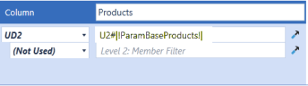 Column in a cube view where you assign a parameter, clicking Set Member Filter to ensure the first parameter references the second so users can select a product segmenet and then a product. ""